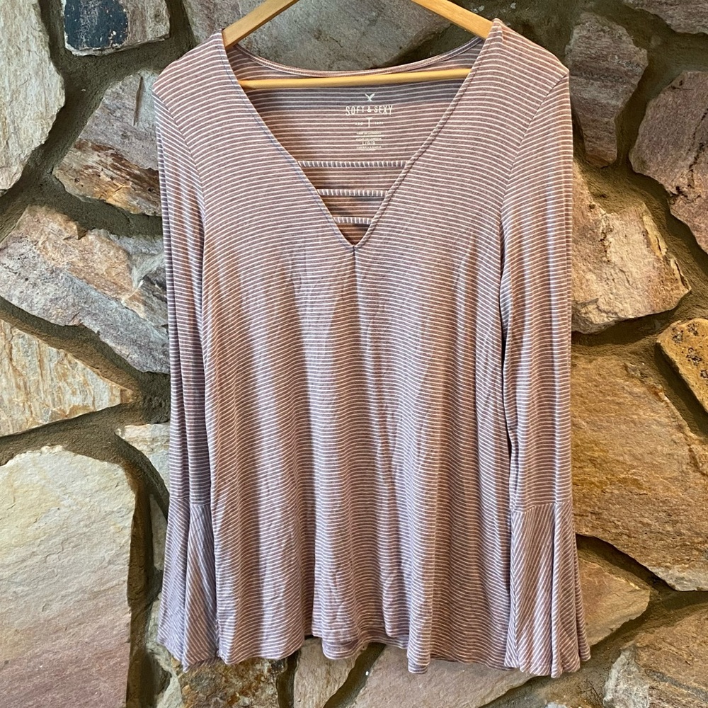 Strappy Bell / Trumpet Sleeve Striped Blouse